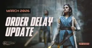 Order Delay Update Thumbnail. Woman cosplaying Rey Skywalker, holding a lightsaber.