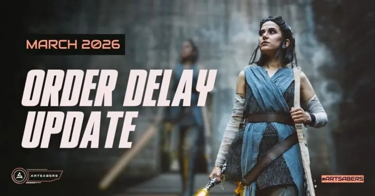 Order Delay Update Thumbnail. Woman cosplaying Rey Skywalker, holding a lightsaber.